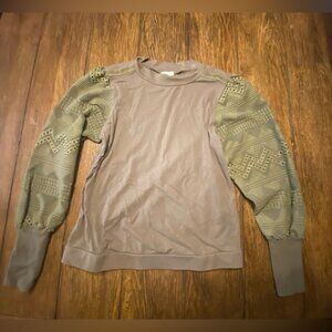 Tiny Olive Green Boho Mixed Media Patterned Long Sleeve Blouse Size Small B27